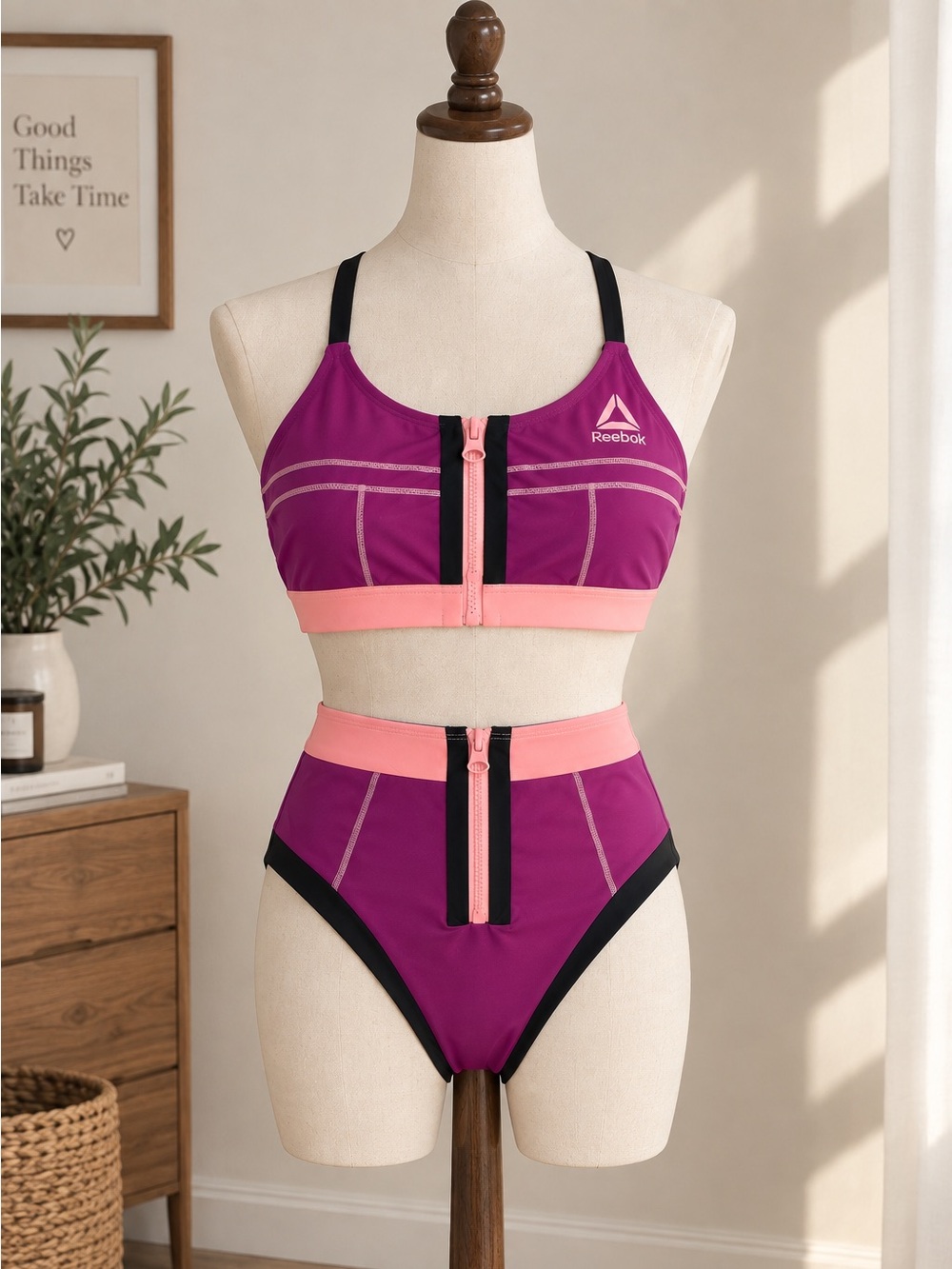 Reebok Colorblock Bikini Set L Pink Purple Zip Sporty Y2K Retro Swimwear